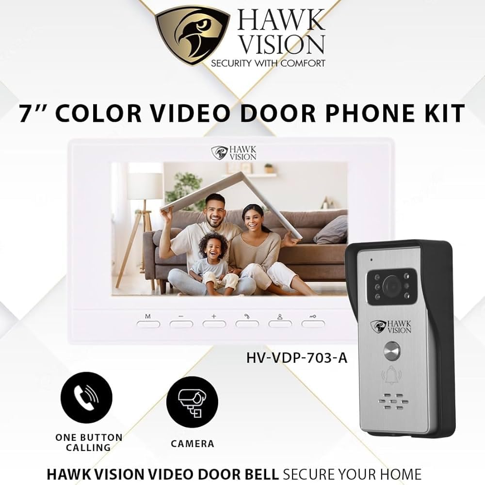 Hawk Vision HV-VDP-703A 7-Inch Video Door Phone Kit | Doorbell Camera with Night Vision | Two-Way Intercom | Main Door Security System for Homes & Flats with Display, Audio, and Remote Monitoring