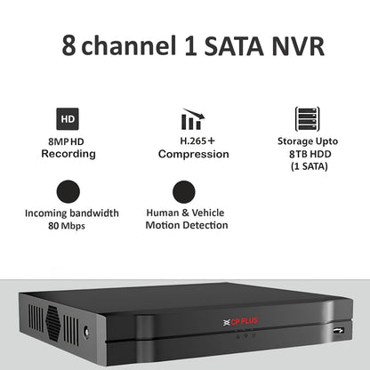 CP Plus 8Ch. Network Video Recorder, Instastream/H.265/Smart H.264+ Compression, Up to 8MP Resolution, Support 1 SATA HDDs up to 8TB Each, 2 USB Ports, Motion Detection [CP-UNR-108F1]
