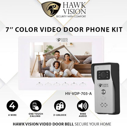Hawk Vision HV-VDP-703A 7-Inch Video Door Phone Kit | Doorbell Camera with Night Vision | Two-Way Intercom | Main Door Security System for Homes & Flats with Display, Audio, and Remote Monitoring