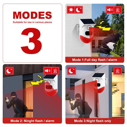 Solar Sound & Strobe Light Alarm with Motion Detector and Remote Controller 120db Sound Security Siren Light IP67 Waterproof 24 Hours+4 Mode for Home, Farm, Barn, Villa, Yard, Garden