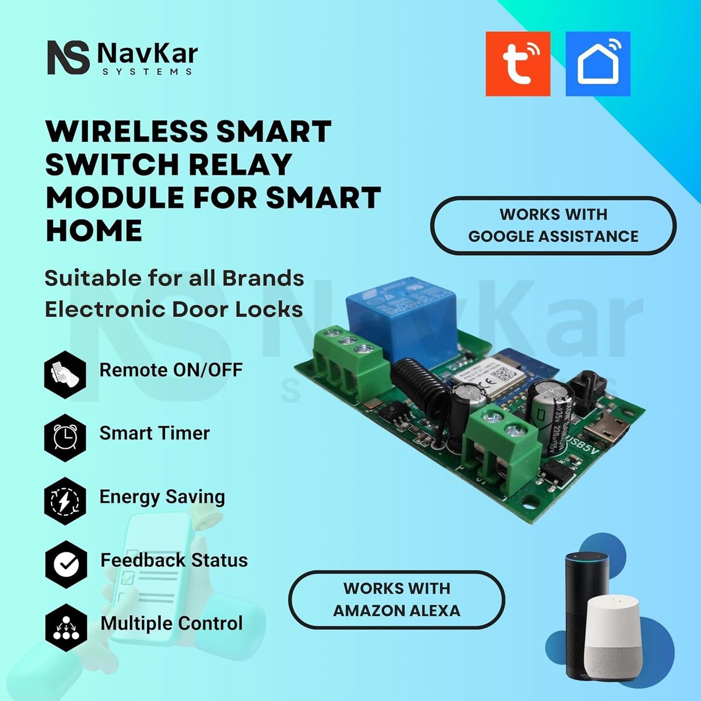 Navkar Systems Tuya wifi Switch Smart 1CH Relay Module DC 5V-12V with 2 Remotes