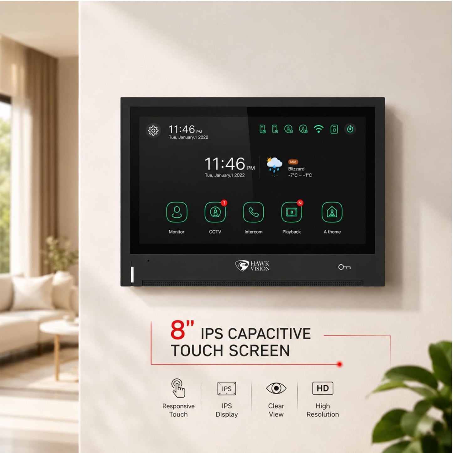 Hawkvision 8 Inch WiFi Video Door Intercom System with 1080P Touch Screen Monitor, 2MP Outdoor Camera, HawkSmart App, 120° Wide Angle, Night Vision, Two Way Talk & Remote Door Unlock