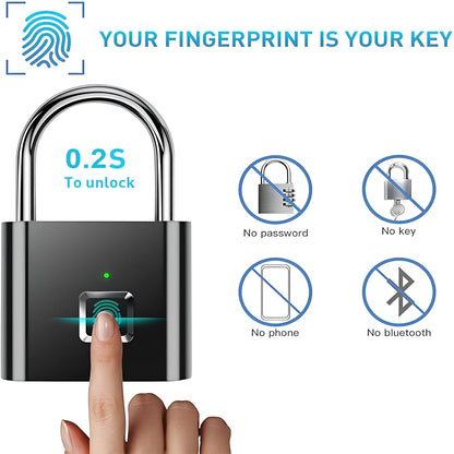 Navkar Systems FPAL-MINI Biometric Fingerprint Padlock – USB Rechargeable Smart Lock for Gym, Locker, Fence & Outdoor Security – Keyless and Password Free Portable Lock (Black) | Stores 20 Fingerprints