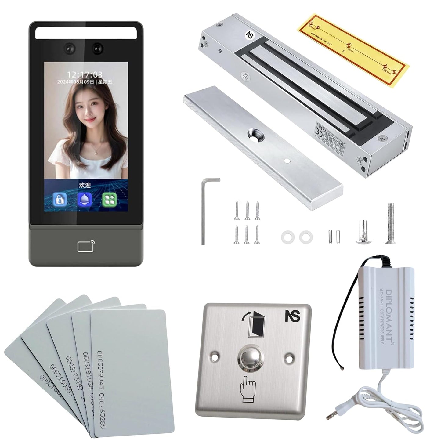 Combo-CN285 FCAC-1K Face Card Pin Weatherproof Biometric Access Control with EM Lock, exit Push Button and 12V Power Supply | Data Output in Pen Drive in Excel Format