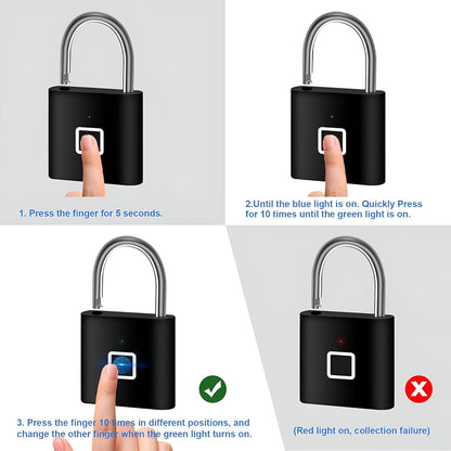 Navkar Systems FPAL-MINI Biometric Fingerprint Padlock – USB Rechargeable Smart Lock for Gym, Locker, Fence & Outdoor Security – Keyless and Password Free Portable Lock (Black) | Stores 20 Fingerprints