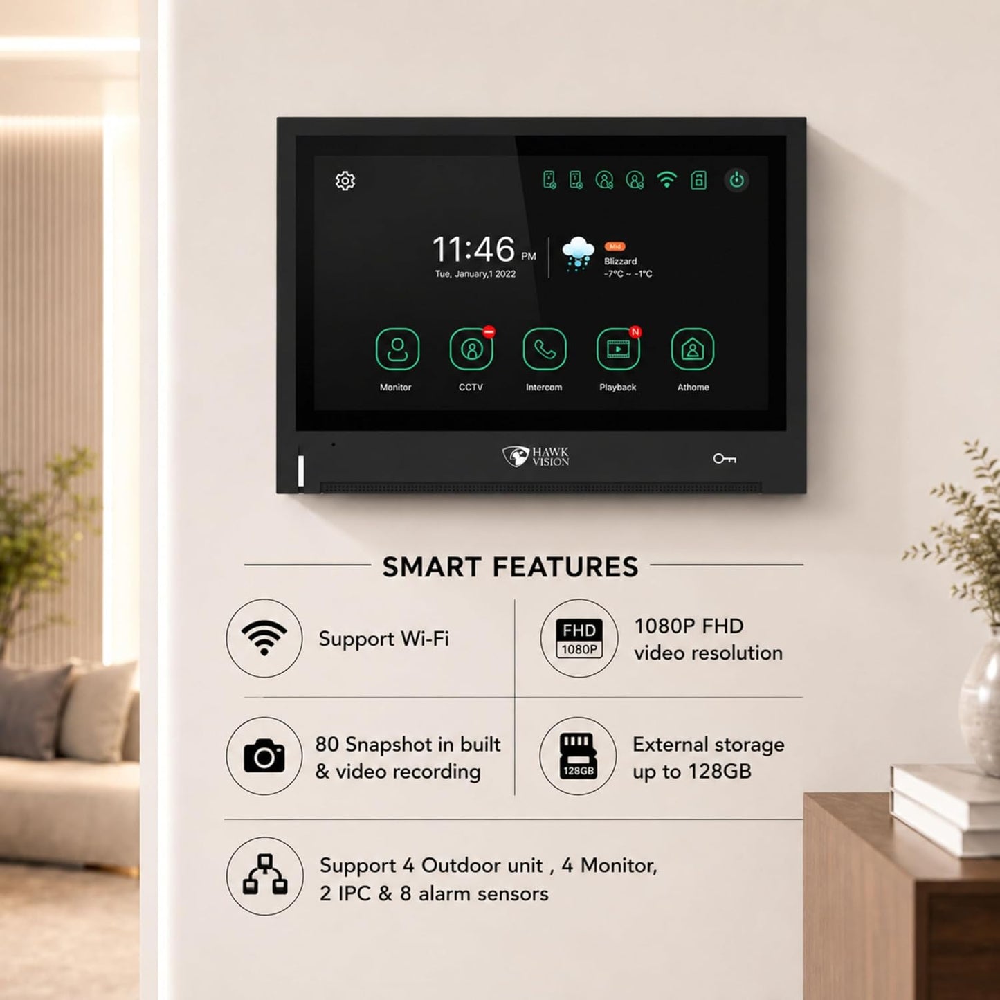 Hawkvision 8 Inch WiFi Video Door Intercom System with 1080P Touch Screen Monitor, 2MP Outdoor Camera, HawkSmart App, 120° Wide Angle, Night Vision, Two Way Talk & Remote Door Unlock