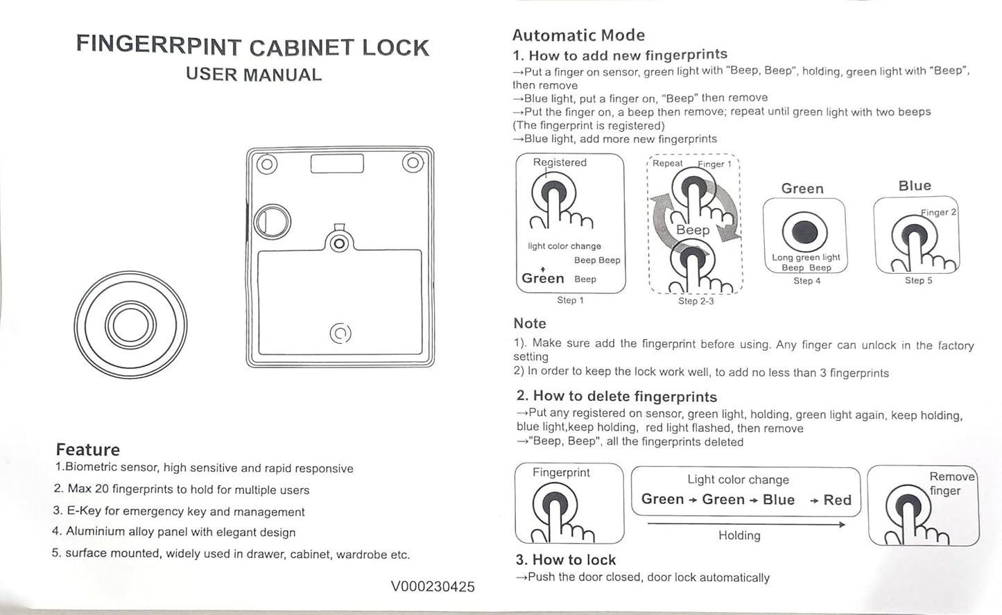 NAVKAR SYSTEMS FPCL-PN Concealed Metal Body Fingerprint Drawer Lock,Smart Biometric(20 Fingerprints stored & Each Lock Different EKey)(Can be Install in Sliding/Openable Wardrobe/Drawer/Cabinet)