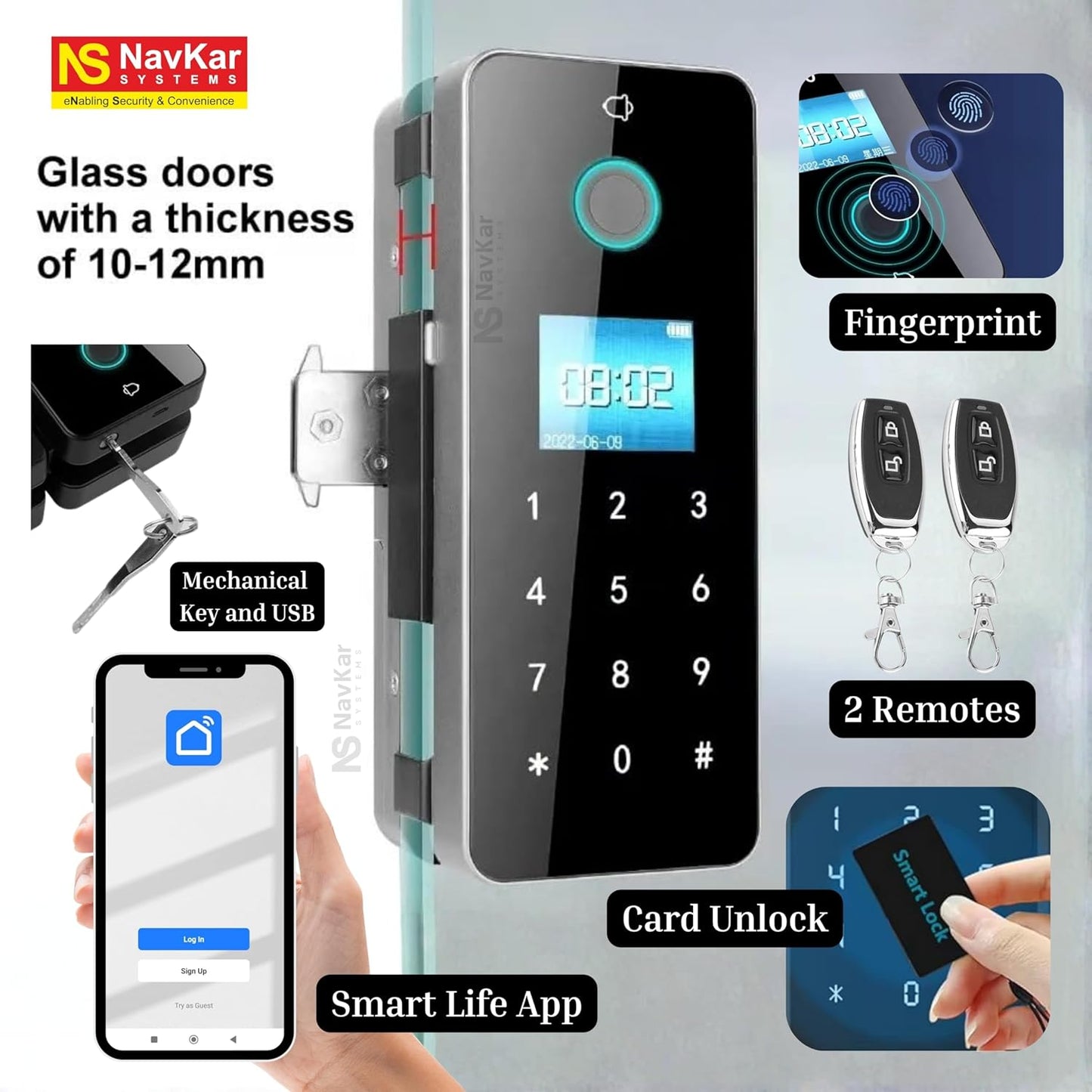 FPGL-01 Fingerprint Card Pin Key Remote App Glass Door Lock Battery Operated with Passive Mode