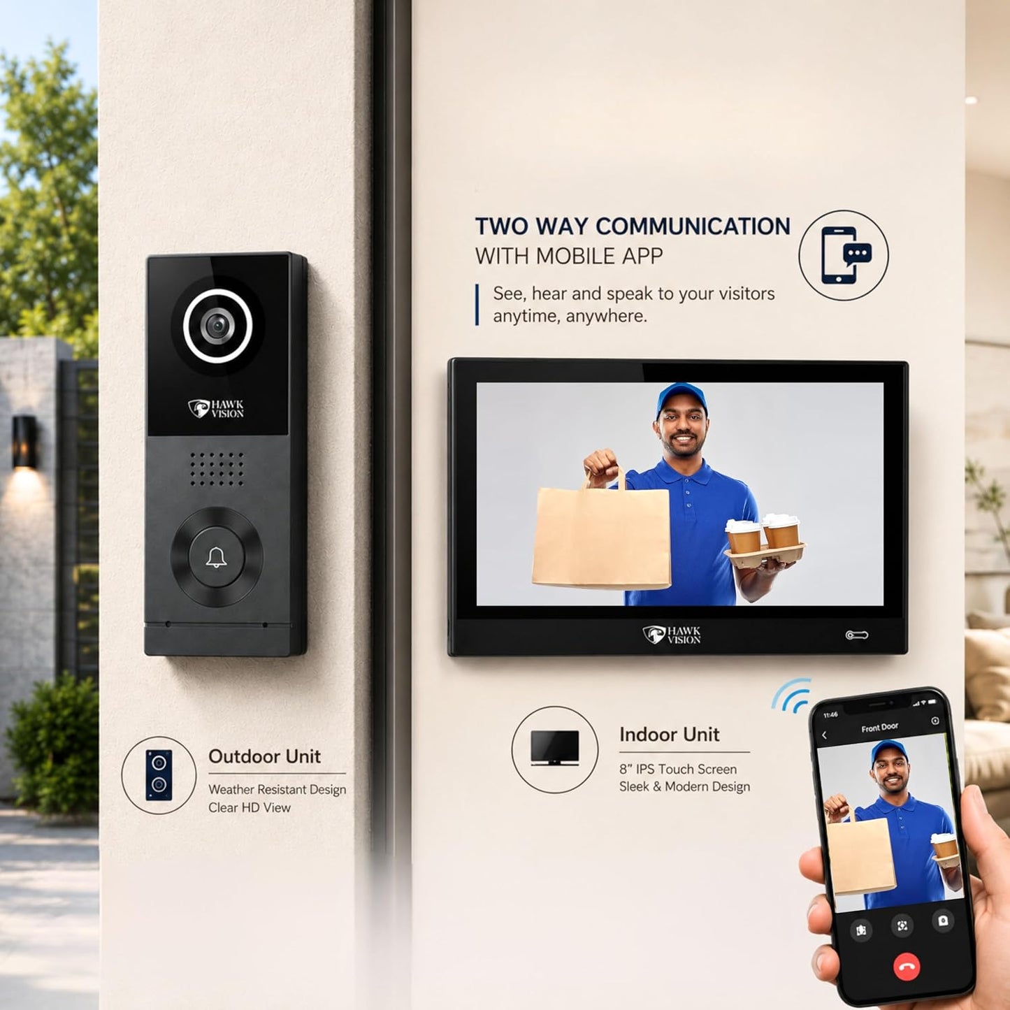 Hawkvision 8 Inch WiFi Video Door Intercom System with 1080P Touch Screen Monitor, 2MP Outdoor Camera, HawkSmart App, 120° Wide Angle, Night Vision, Two Way Talk & Remote Door Unlock