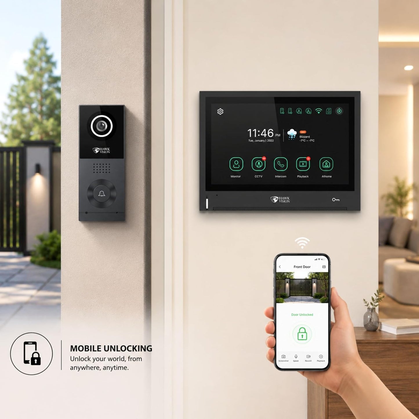 Hawkvision 8 Inch WiFi Video Door Intercom System with 1080P Touch Screen Monitor, 2MP Outdoor Camera, HawkSmart App, 120° Wide Angle, Night Vision, Two Way Talk & Remote Door Unlock