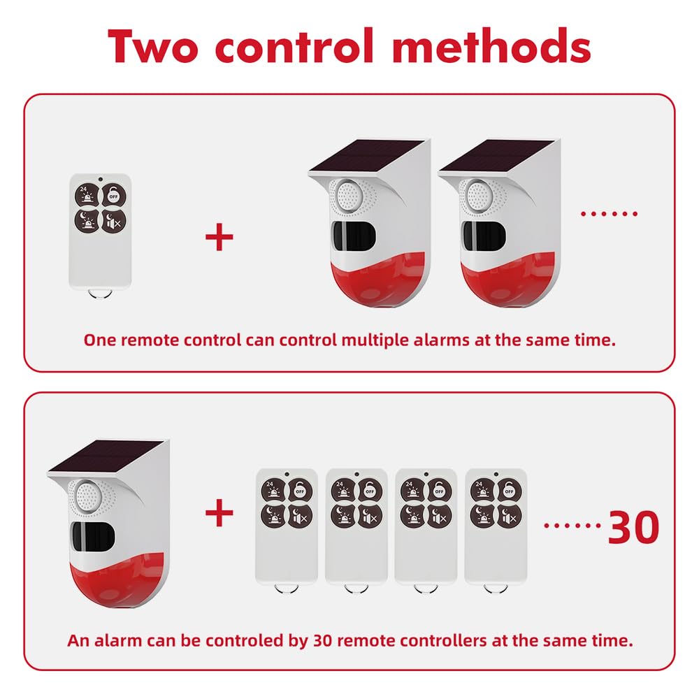 Solar Sound & Strobe Light Alarm with Motion Detector and Remote Controller 120db Sound Security Siren Light IP67 Waterproof 24 Hours+4 Mode for Home, Farm, Barn, Villa, Yard, Garden