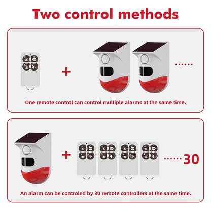 Solar Sound & Strobe Light Alarm with Motion Detector and Remote Controller 120db Sound Security Siren Light IP67 Waterproof 24 Hours+4 Mode for Home, Farm, Barn, Villa, Yard, Garden