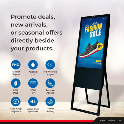 T291100-A E Series 32 Inch A-Type Floor Mount Digital Signage Display | Android 9 | 2GB RAM + 16GB ROM | Non-Touch | Indoor Commercial Advertising Display