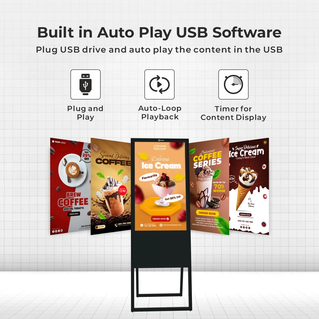 T291101-A E Series 43 Inch A-Type Floor Mount Digital Signage Display | Android 9 | 2GB RAM + 16GB ROM | Non-Touch | Indoor Commercial Advertising Display