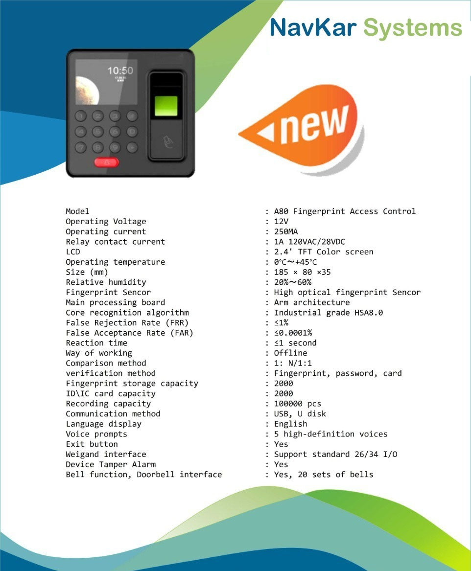 NavKar SYSTEMS A80 Biometric Fingerprint Access Control System