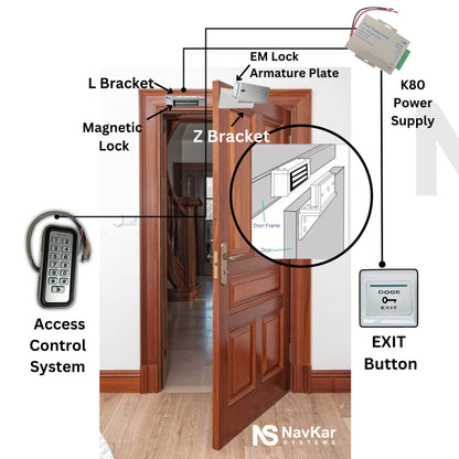 Combo-CN110 Weatherproof RFID Pin Access Control System, EM Lock 600 Lbs, Z & L Bracket, K80 Supply, PVC Button, Keychain Tag 10 Nos for Wooden or Aluminium Door