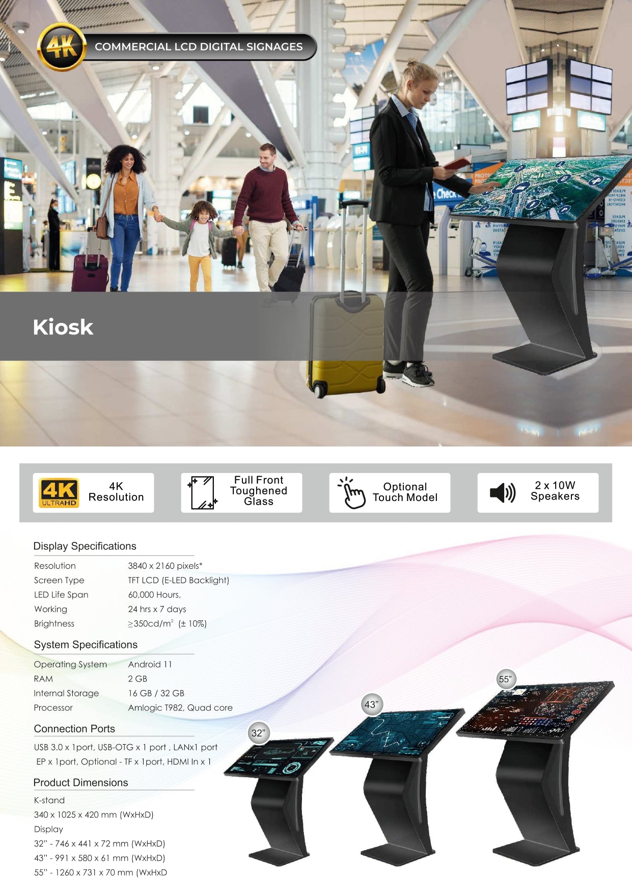 T29802-A 43 Inch Indoor Digital Kiosk | Android 11 | 2GB RAM + 16GB ROM | Non-Touch Display | 350 Nits Brightness | Metal Body | Floor Standing Information & Advertising Kiosk