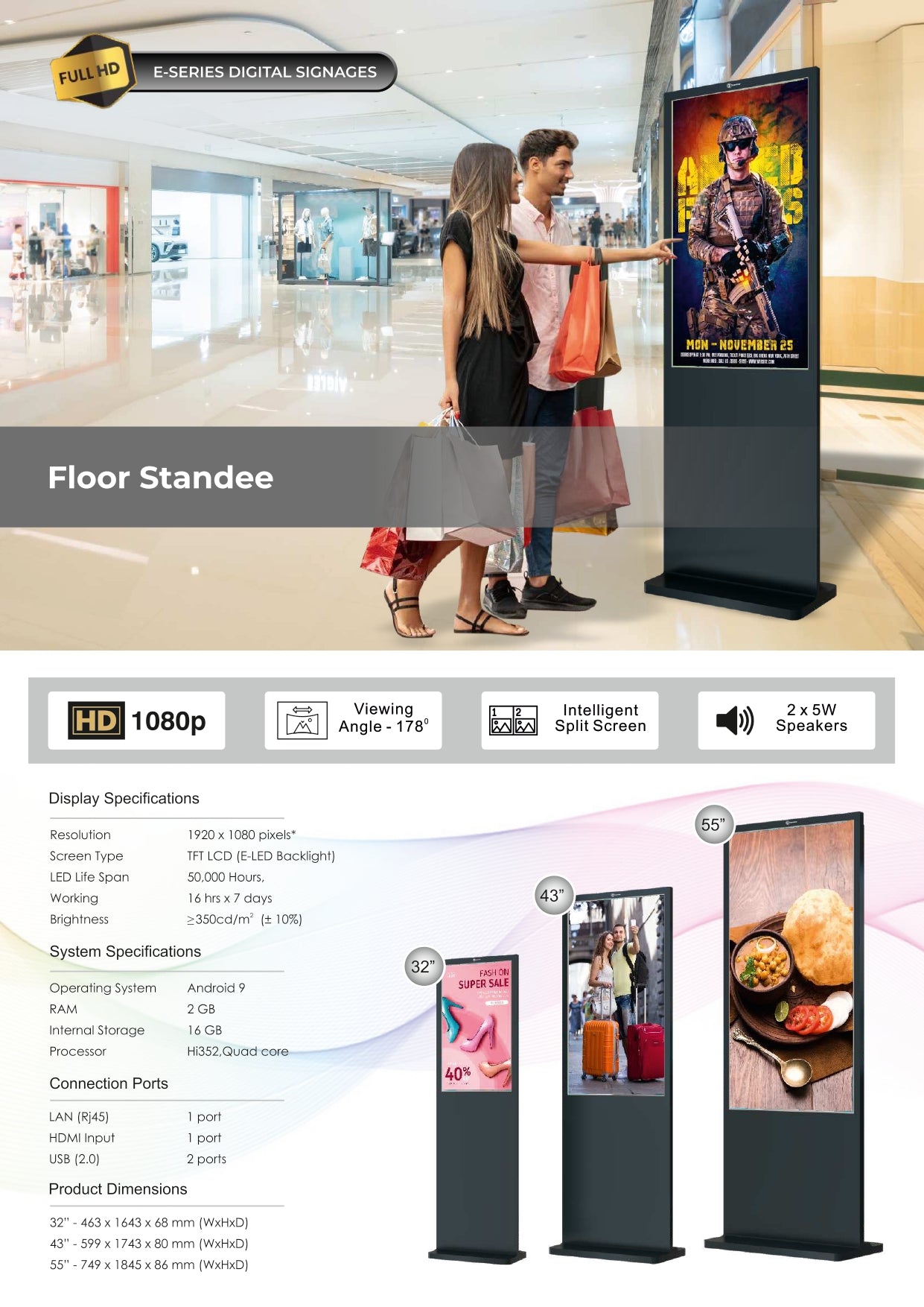 T290135-A 43 Inch Floor Mount Touch Digital Standee | Android 11 | 2GB RAM + 16GB ROM | 350 Nits Brightness | Metal Body | Indoor Interactive Digital Signage