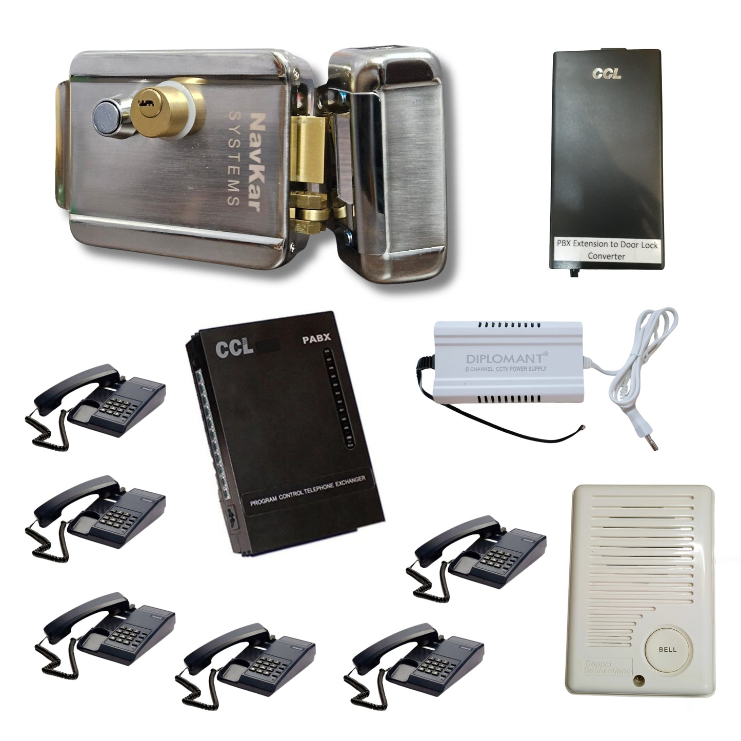 Navkar Systems Electronic Rim Lock with CCL Door Phone and CCL Door Lock Convertor working on 8 Line Intercom with Beetel C11 Phones