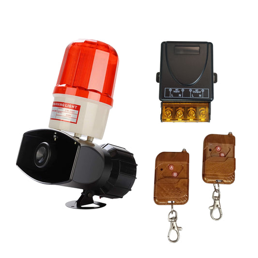 Combo-CN28 NAVKAR SYSTEMS Combo  Emergency-Tone Siren with Revolving Light 30W 130dB AC220V LED AC220V LED Strobe Wired Door Chime (1 Tune)  with 220V /30A Receiver with 2 Remotes