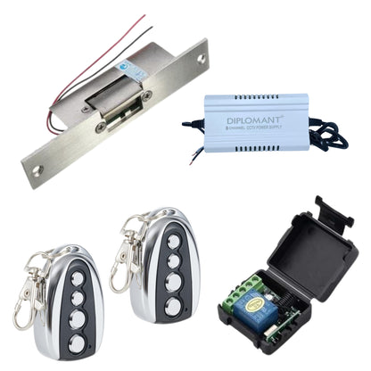 Combo-CN33 of Strike Lock with Remote Receiver with 2 Remotes and 8 channel power supply | Remote Lock for Existing Mortise Lock (Convert your Existing Mortise Lock operate by Remote)
