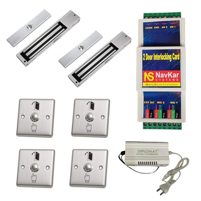 Combo-CN168 Two Door Interlocking Controller 1 Nos with EM Lock 600 Lbs Feedback 2 Nos Exit Button 4 pc & 12v 5 Amp Power Supply