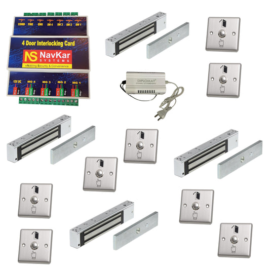 Combo-CN48 4 Door Interlocking Controller 1 Nos with EM Lock 600 Lbs Feedback 4 Nos Exit Button 8 pc & 12v 5 Amp Power Supply