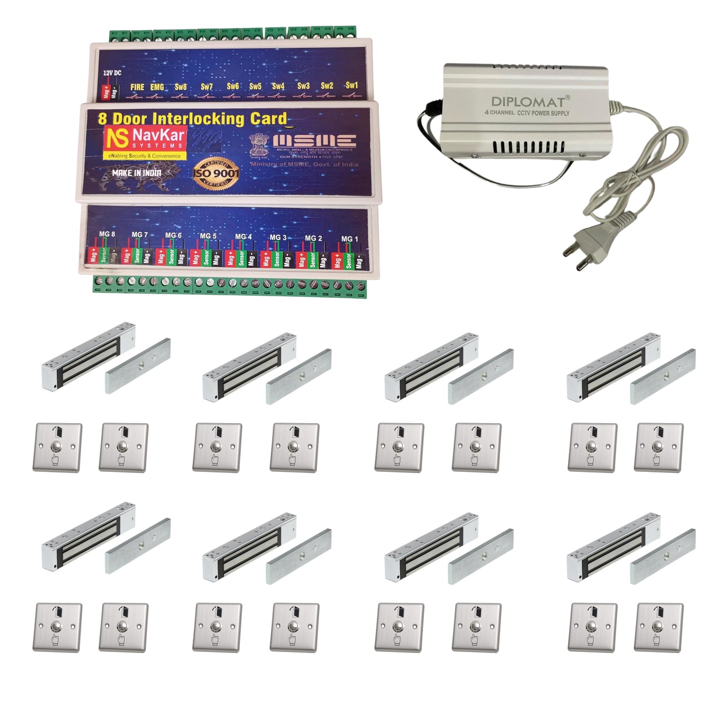 (Combo-CN36) 8 Door Interlocking Controller 1 Nos with EM Lock 600 Lbs Feedback 8 Nos Exit Button 16 pc & 12v 5 Amp Power Supply