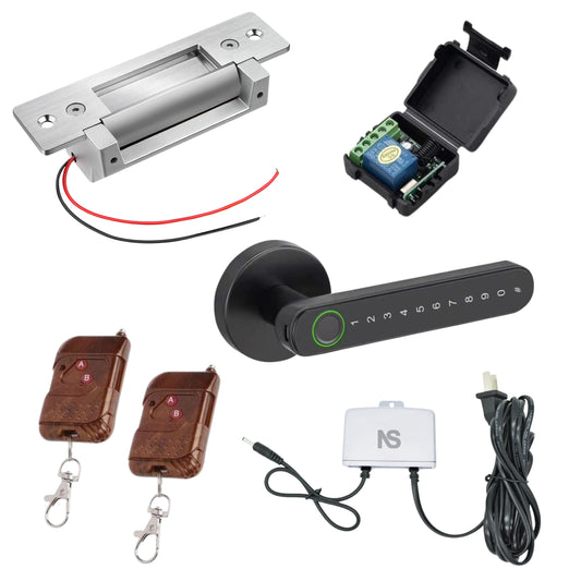 Combo-CN289 Strike Lock with Remote Receiver with 2 Remotes and Adjustable Latch with FPHL-900 Handle Lock and WPAD-12 Mini UPS 12V/2A Switching Power Supply | Convert Your Existing Mortise Lock Operate by Remote