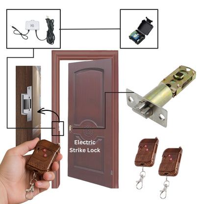 Combo-CN288 Strike Lock with Remote Receiver with 2 Remotes and Adjustable Latch with WPAD-12 Mini UPS 12V/2A Switching Power Supply | Convert Your Existing Mortise Lock Operate by Remote