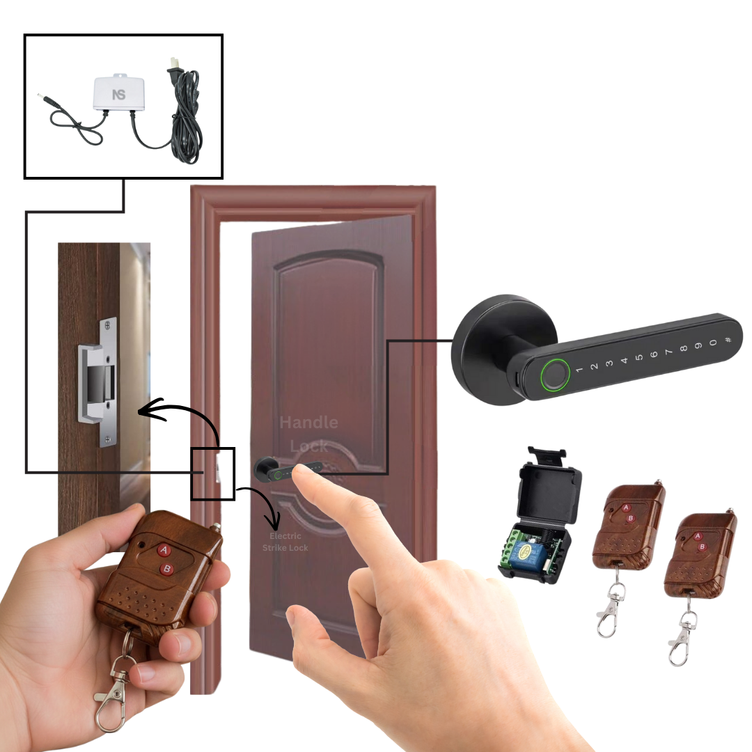 Combo-CN289 Strike Lock with Remote Receiver with 2 Remotes and Adjustable Latch with FPHL-900 Handle Lock and WPAD-12 Mini UPS 12V/2A Switching Power Supply | Convert Your Existing Mortise Lock Operate by Remote