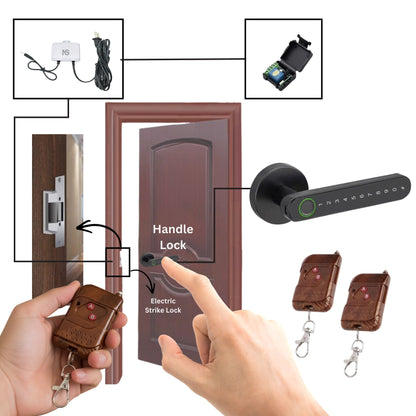 Combo-CN289 Strike Lock with Remote Receiver with 2 Remotes and Adjustable Latch with FPHL-900 Handle Lock and WPAD-12 Mini UPS 12V/2A Switching Power Supply | Convert Your Existing Mortise Lock Operate by Remote