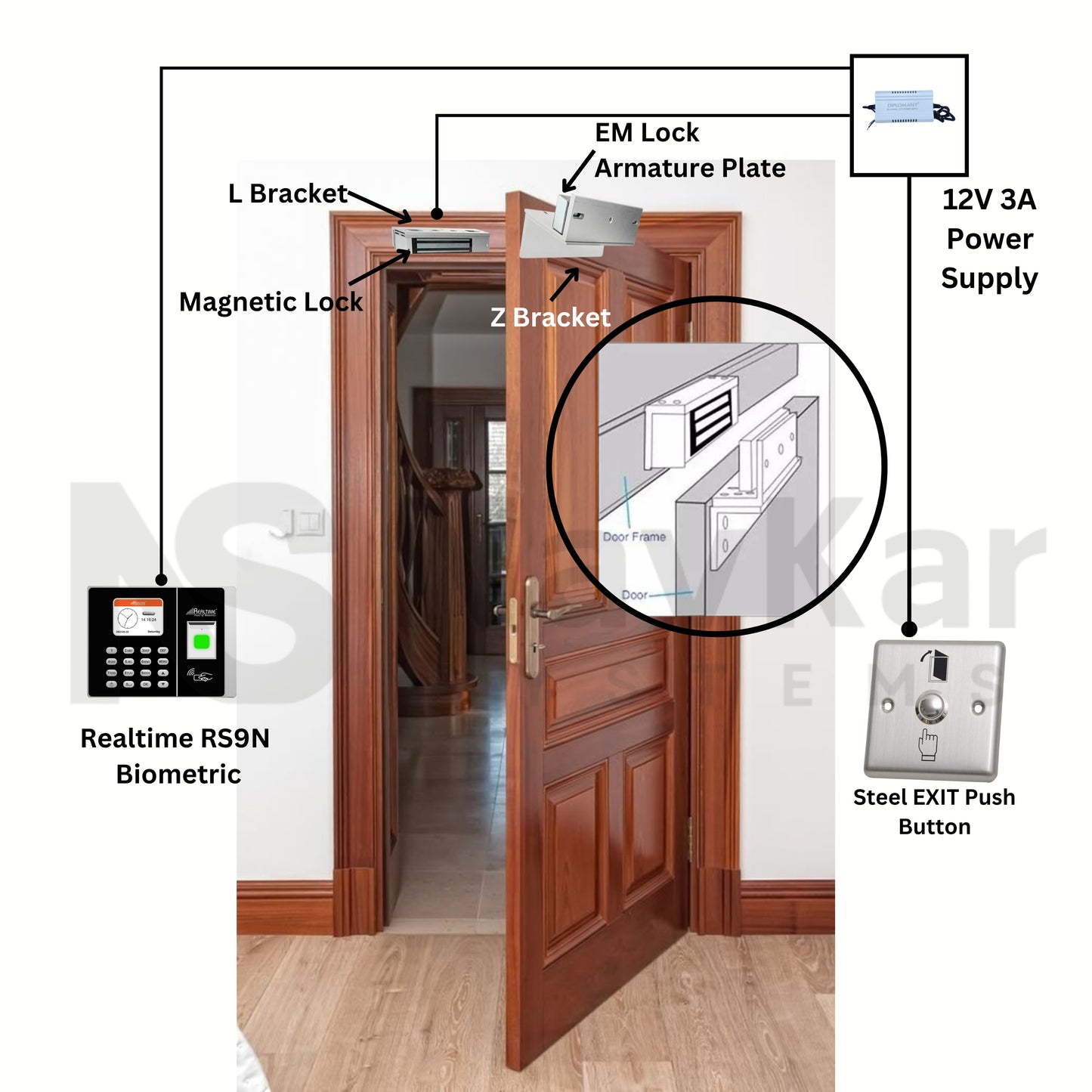Combo-CN39 Biomeric Access with Date Validity with EM Lock Exit Switch Power Supply L Z Bracket for Libraries | Gyms Black Colour