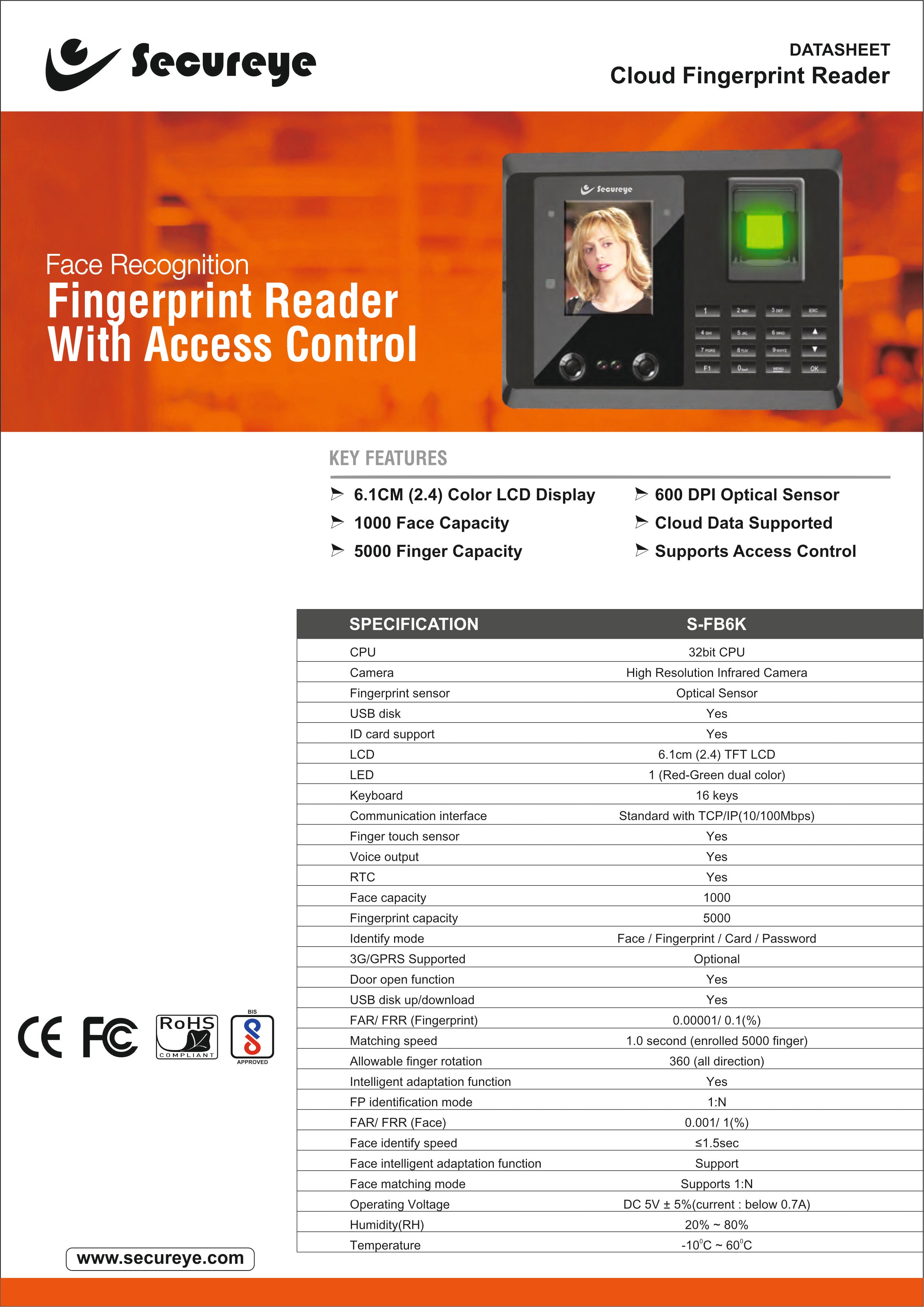Secureye S-FB6K Face Finger Biometric Attendance Machine with Ontime Desktop Software