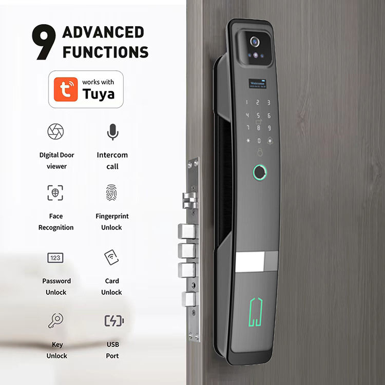 SLX-1 Face Recognition + Fingerprint + Password + Temporary Password + IC Card + Mechanical Key + Remote Unlocking + APP Grey Smart Door Lock