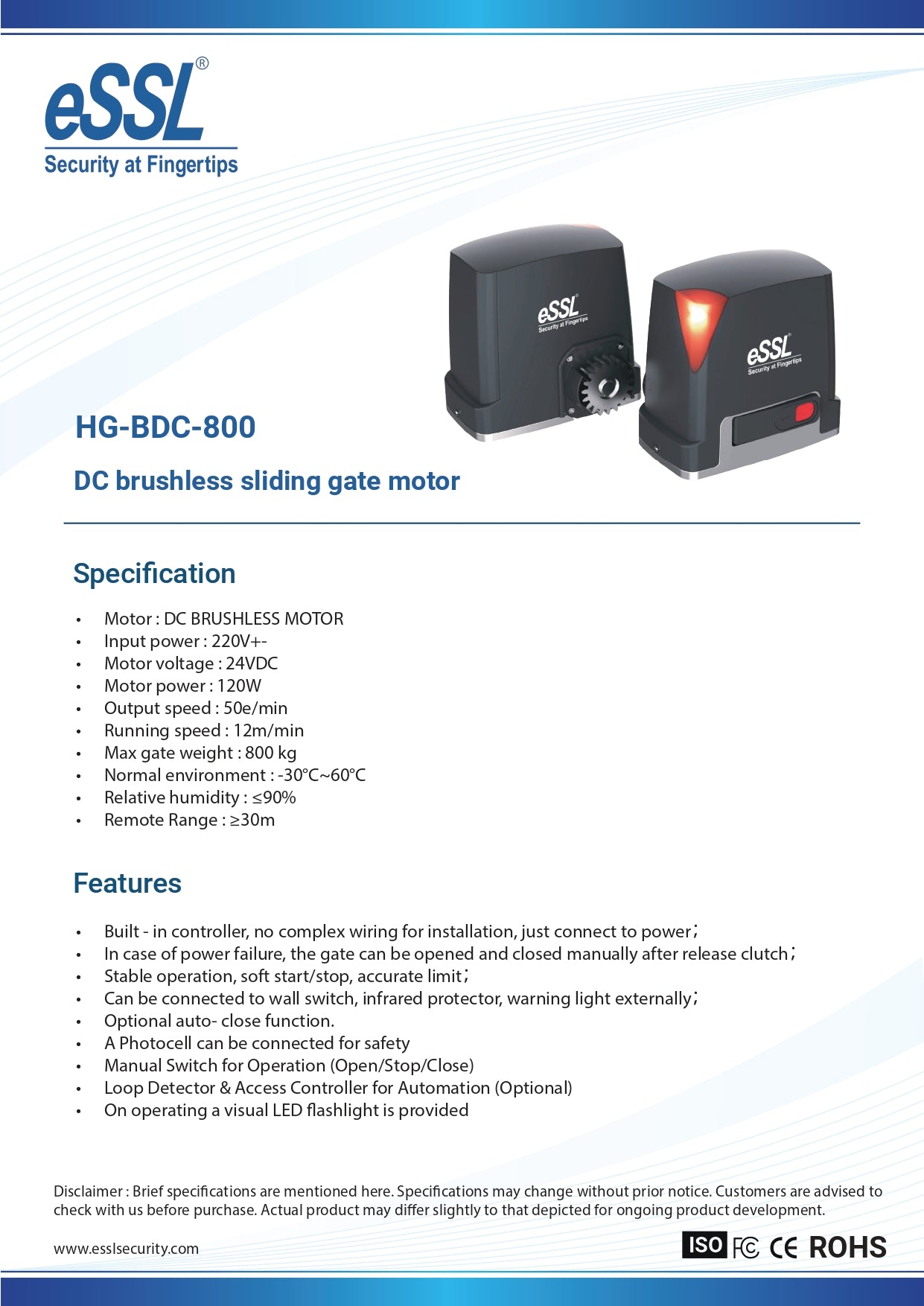 essl 24V DC HG-BDC-800 Brushless Sliding Gate Motor
