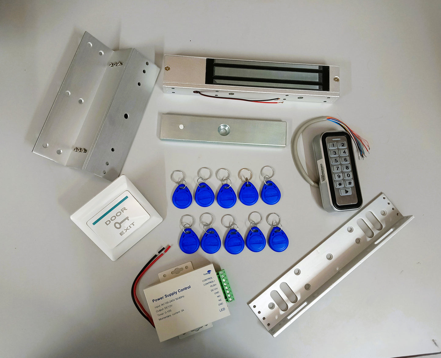 Combo-CN110 Weatherproof RFID Pin Access Control System, EM Lock 600 Lbs, Z & L Bracket, K80 Supply, PVC Button, Keychain Tag 10 Nos for Wooden or Aluminium Door