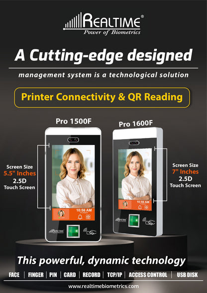 REALTIME PRO 1500F Face Recognition System (Face+FP+Card Verification, Attend+Access Application, 3001-5000 Face Capacity)