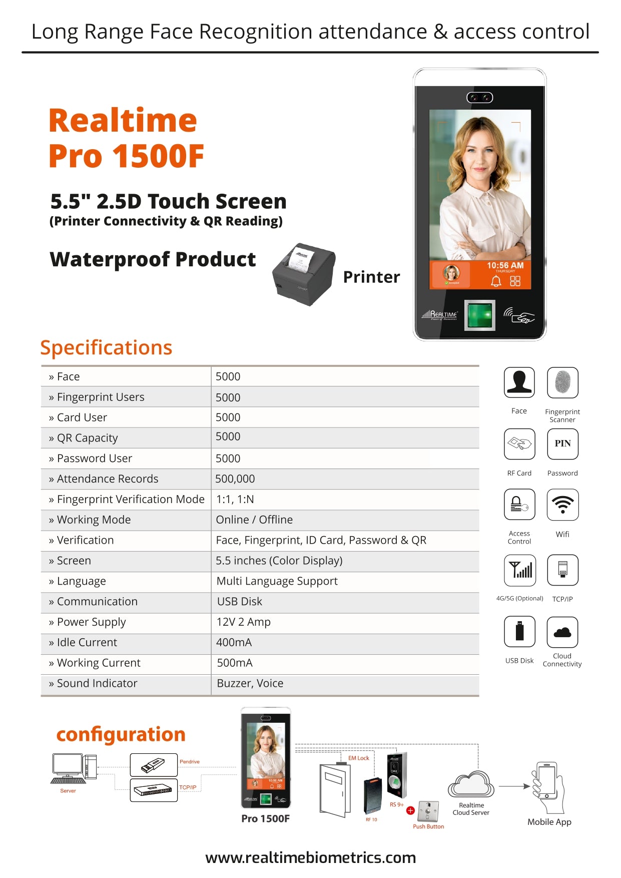 REALTIME PRO 1500F Face Recognition System (Face+FP+Card Verification, Attend+Access Application, 3001-5000 Face Capacity)