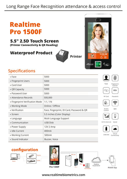 REALTIME PRO 1500F Face Recognition System (Face+FP+Card Verification, Attend+Access Application, 3001-5000 Face Capacity)