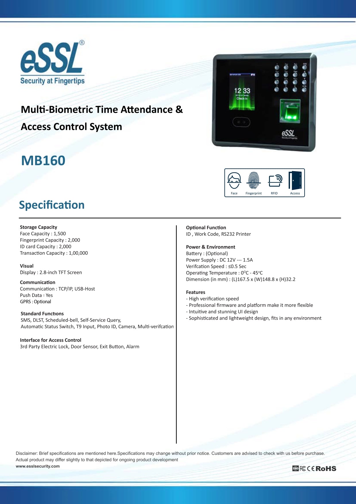 ESSL MB160 Face Finger Biometric Attendance with 1 year cloud software and Mobile App for upto 50 Employees