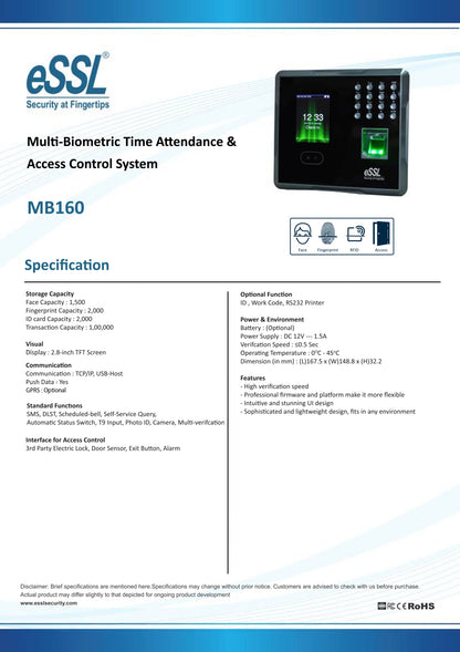 ESSL MB160 Face Finger Biometric Attendance with 1 year cloud software and Mobile App for upto 50 Employees