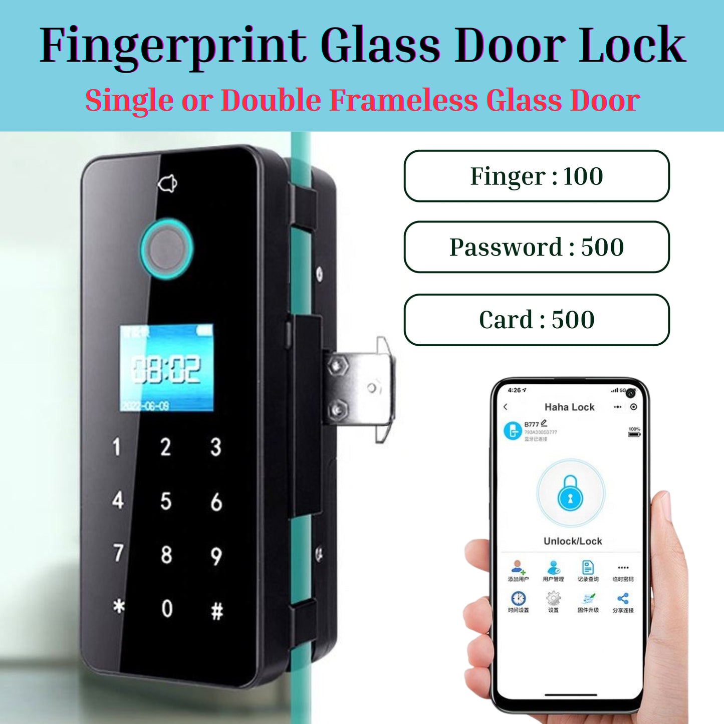 FPGL-01 Fingerprint Card Pin Key Remote App Glass Door Lock Battery Operated with Passive Mode