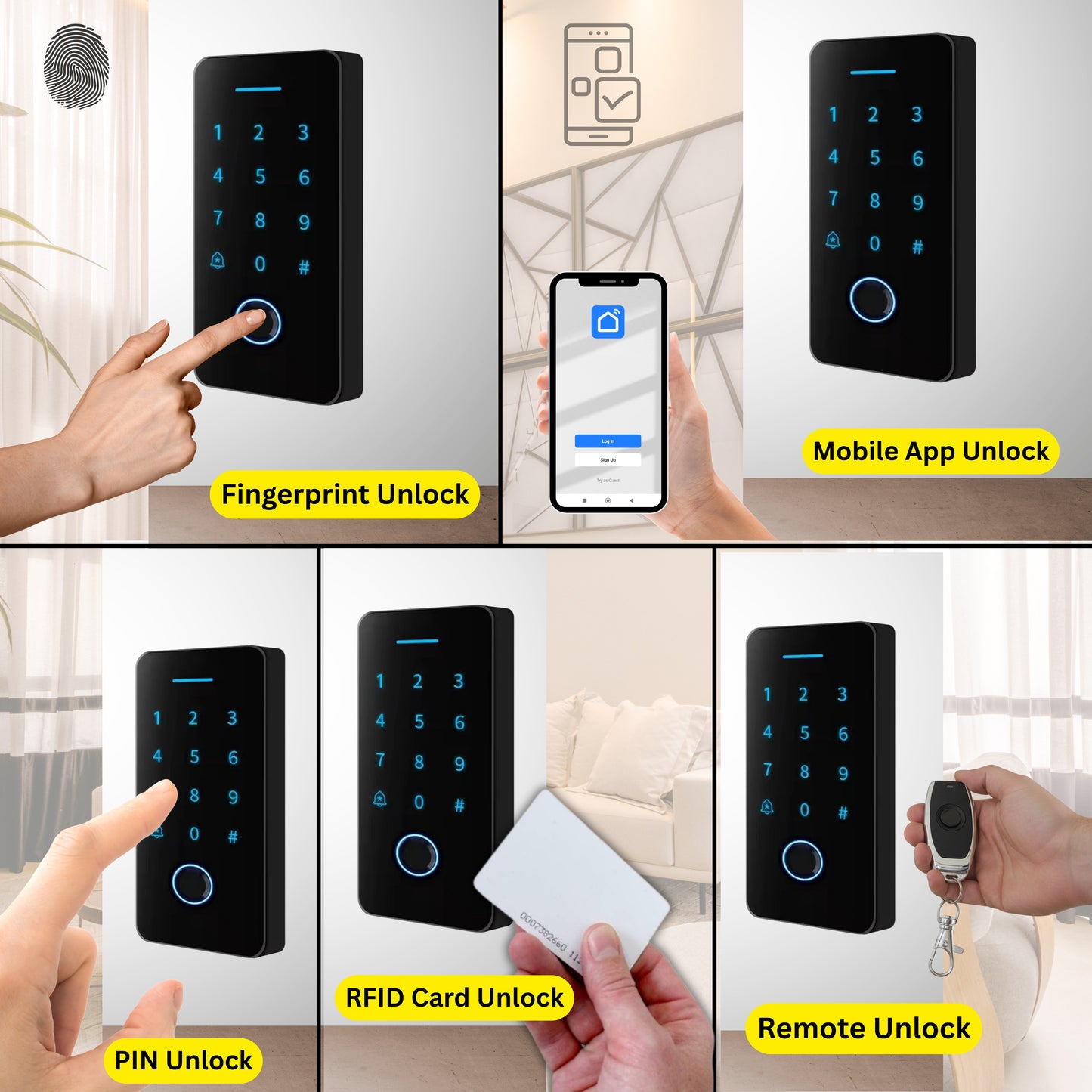 WB-02 Weatherproof Finger Card Pin Remote Mobile App Access Control Panel with 2 Remotes, Can Operate Any Electronic Lock Using Finger Card Pin Remote Smart Life App