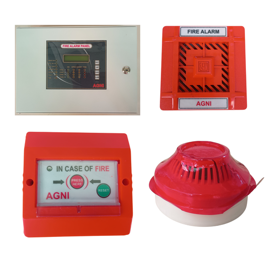 AGNI Conventional Fire Alarm System Kit with Control Panel, MCP, smoke sensor & Fire Alarm Siren
