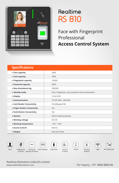 Realtime RS810 Face with Fingerprint Attendance Biometrics