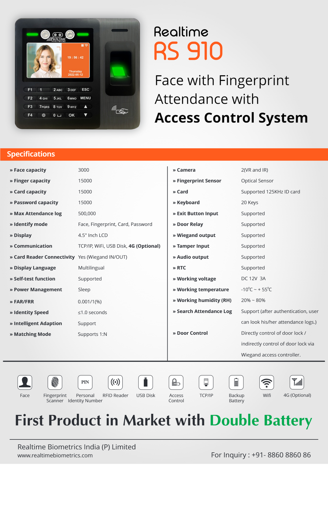 Realtime RS910 Face with Fingerprint Attendance with Access Control Sy ...