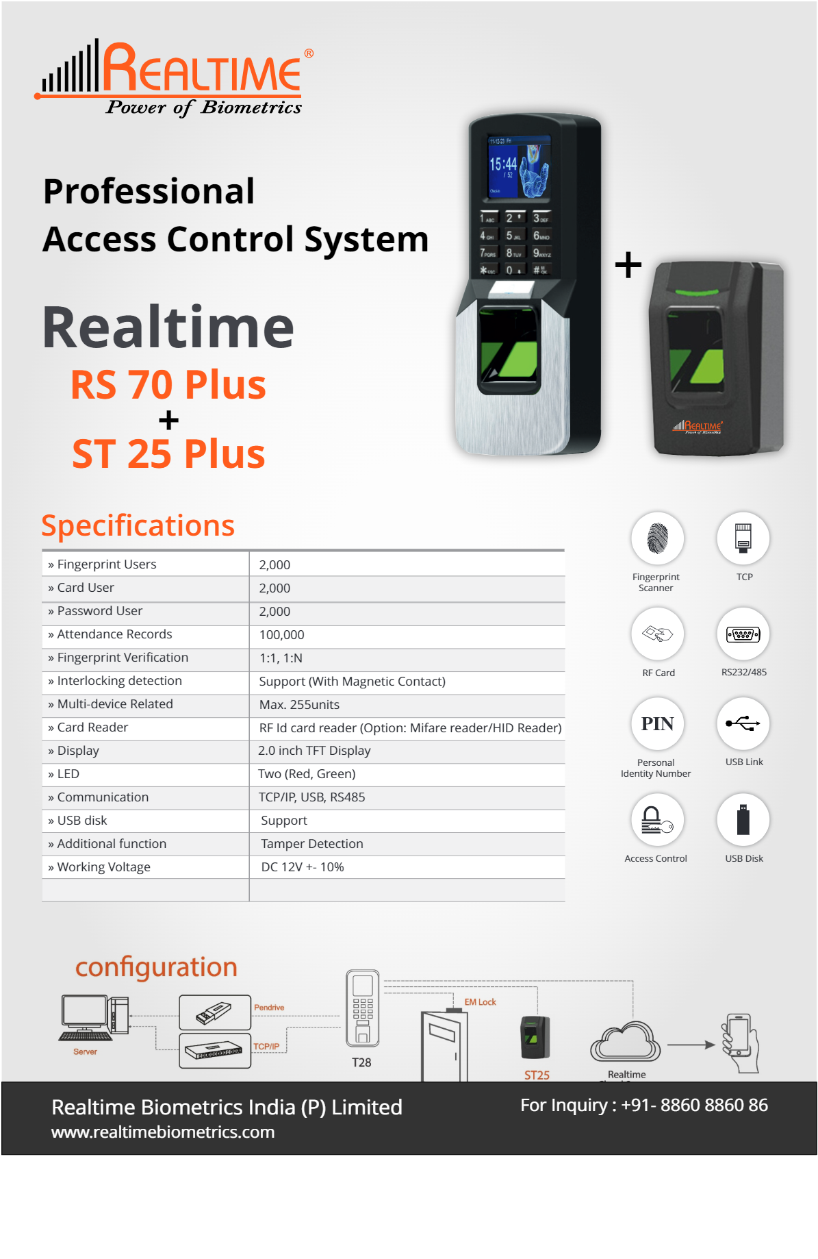 Realtime RS 70 Plus + ST 25Plus Fingerprint access control With Slave Reader