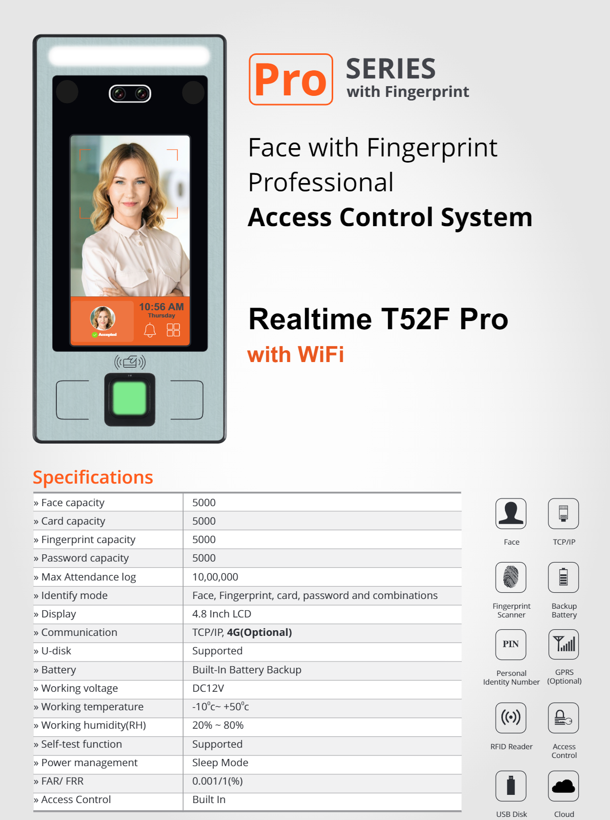 Realtime T52F Pro Face With Fingerprint Access Control