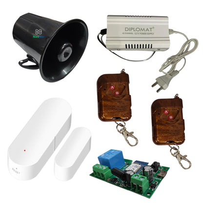 Navkar Systems Tuya WiFi Door Sensor with Tuya WiFi Siren with 2 remotes and 12V Power Supply